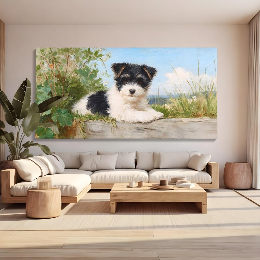 Tablou canvas cu tablou canvas cu pui de caine, fara rama, pe sasiu de lemn, pe perete intr-un living